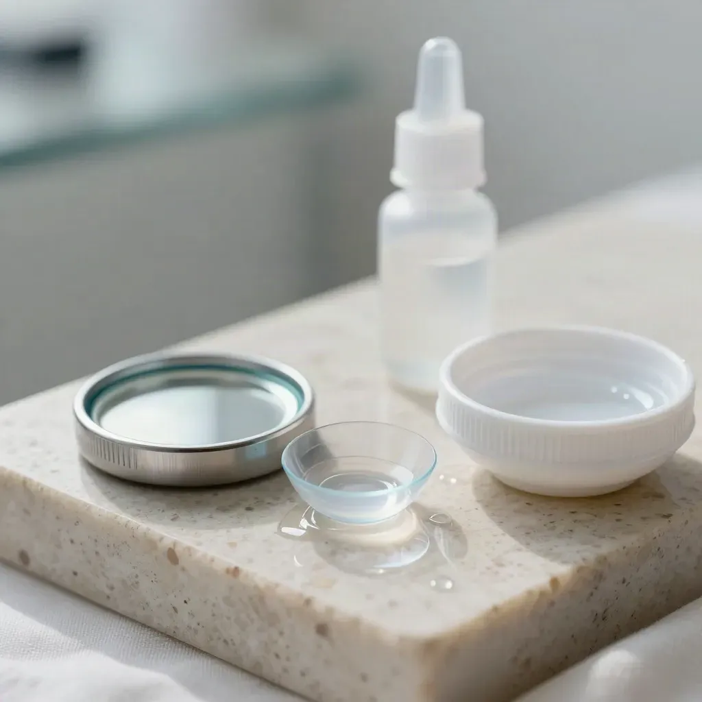 Contactlenspasstation met lens in oplossing, houder, zoutoplossing en witte kom op travertijn.
