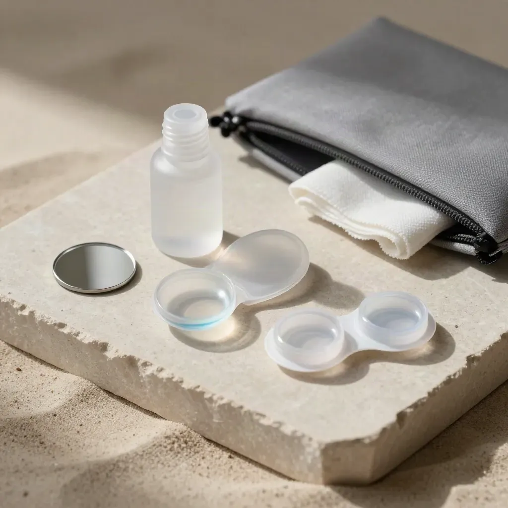 Flatlay van contactlenzen-set met lensdoosje, zoutoplossing en reisetui op lichte steen.
