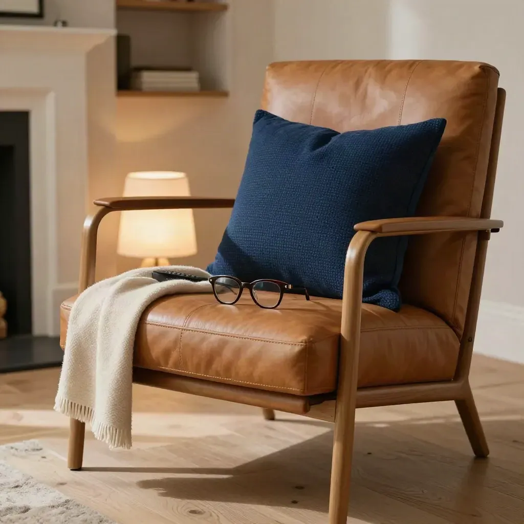 Leesstoel met bril, afstandsbediening, lamp en wollen plaid in warm avondlicht.