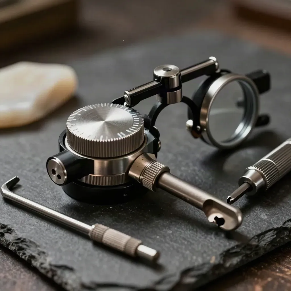 Macro van phoropterdials, trial-frame armen en afstelgereedschap op donkere steen.