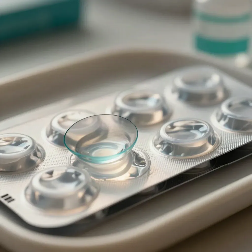 Close-up van contactlenzen, zoutoplossing en lenshouder op pale keramiek met teal accent.