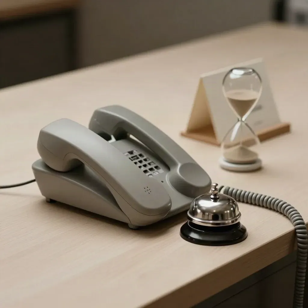 Beige stilleven met telefoonhoorn, bel en zandloper op een houten balie.