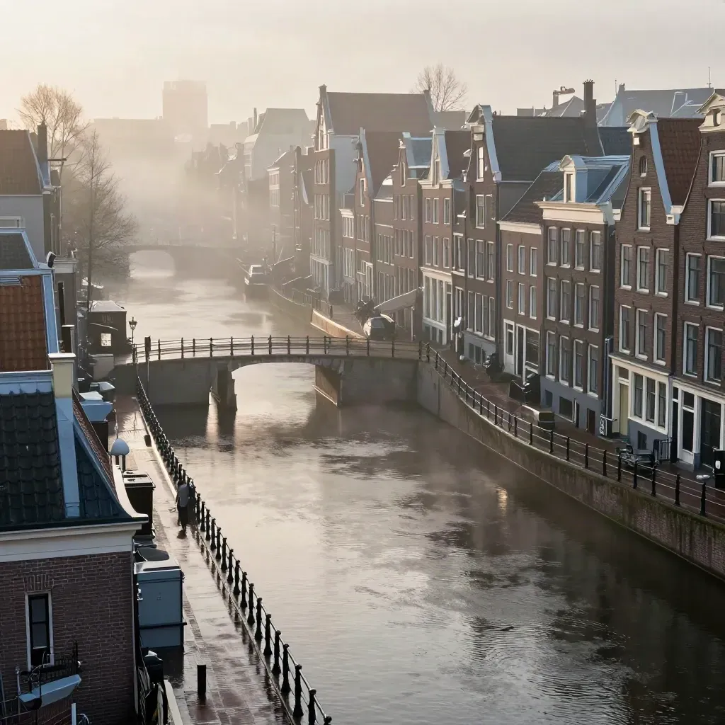 Mistige Amsterdamse gracht met daken en bruggen bij zonsopkomst