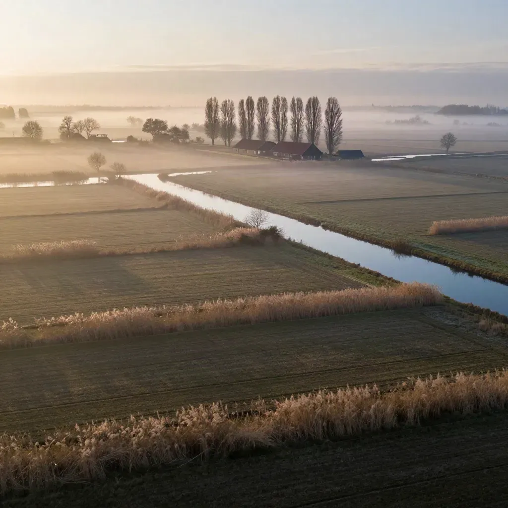 Polderlandschap bij zonsopkomst met kanaal, boerderij en mistige windsingel.