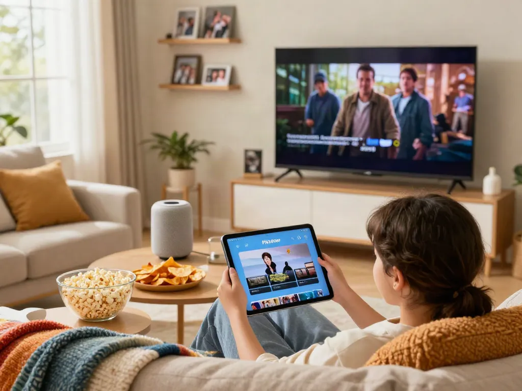 Pikashow Pro streaming setup in a cozy living room with snacks and a family watching movies on a tablet.